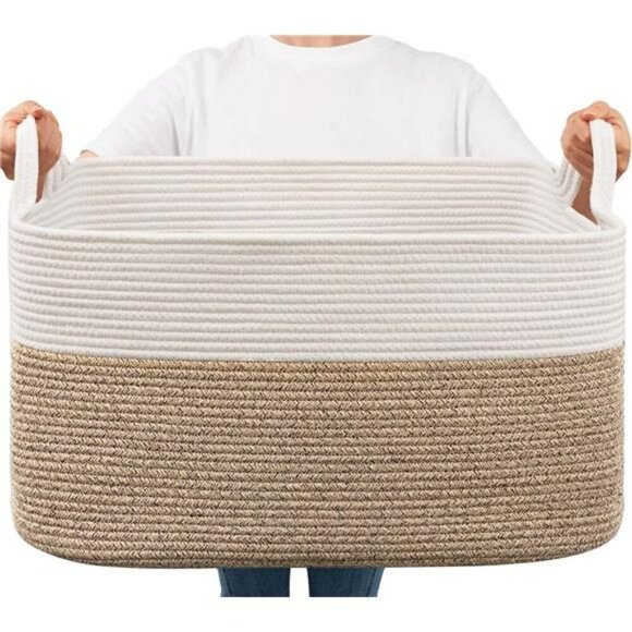 Large Woven Storage Basket Cotton Rope Blanket Toy Organizer Bin for Bedroom - Picture 1 of 8